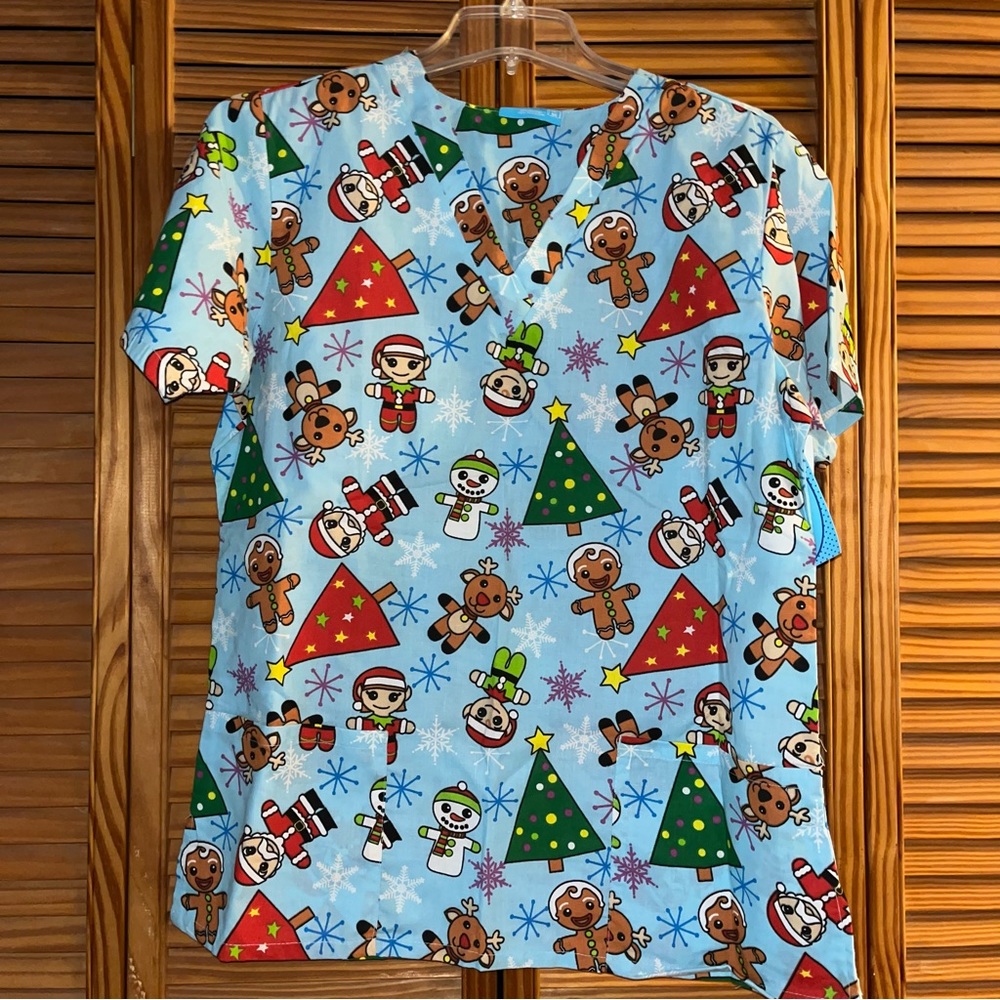 The Scrub Company V Neck Short Sleeve Christmas Holiday Uniform Scrub Top Medium